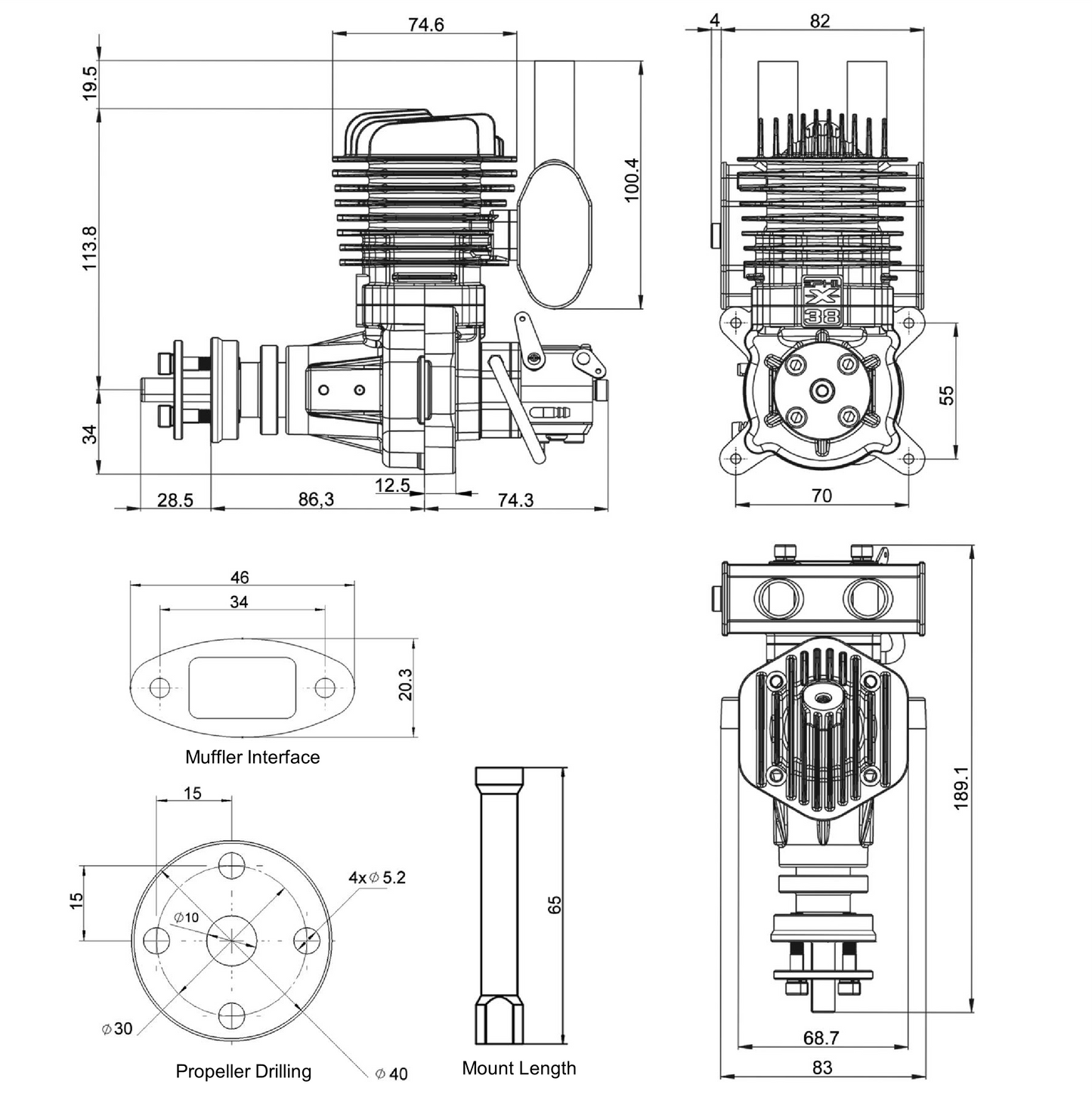 EPHIL X-Series 38cc-R Gasoline Engine w/ Spark Plug & Electronic Ignition
