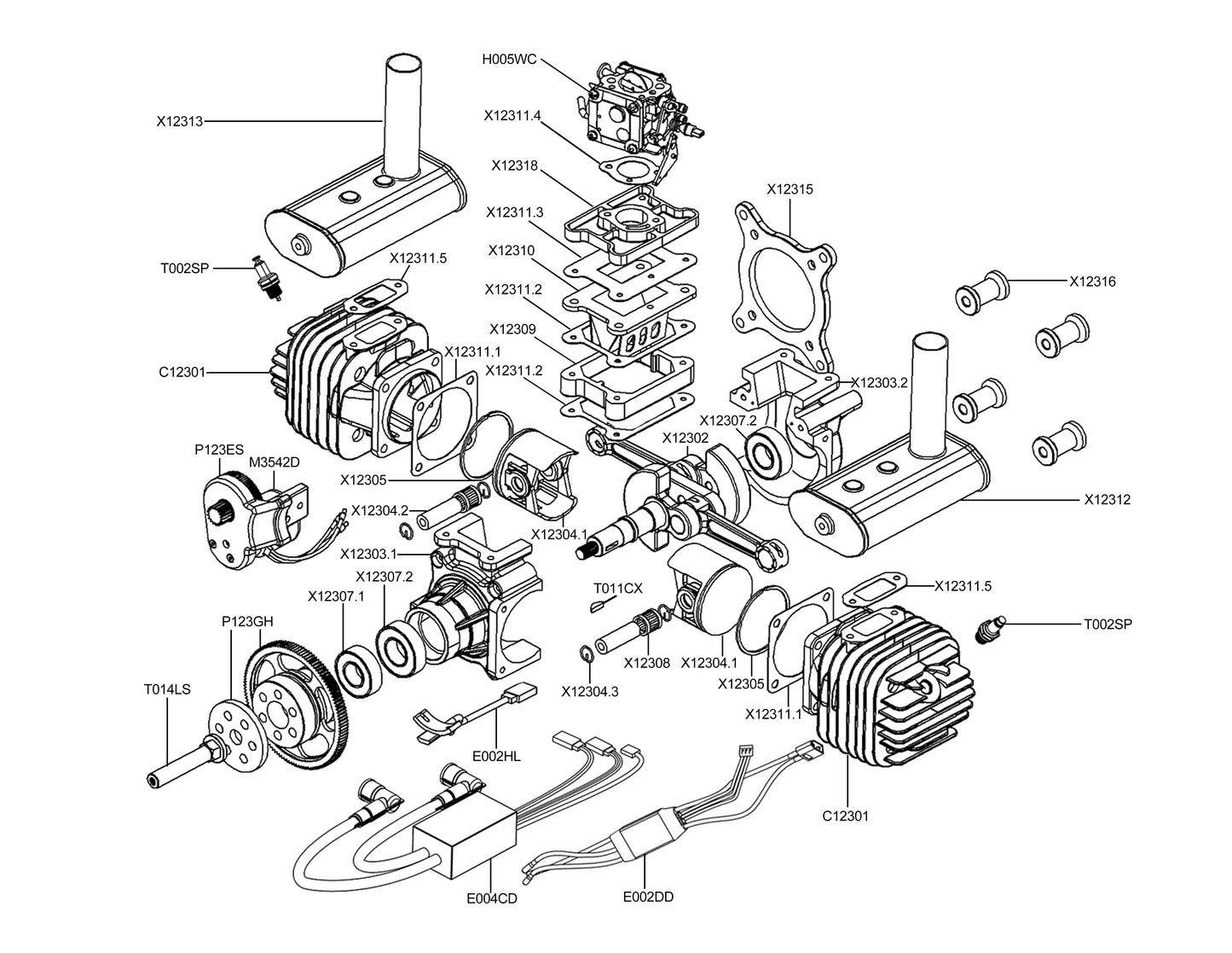 EPHIL 123cc-T Pro Gasoline Engine w/ E-Starter; Spark Plugs & Electronic Ignition