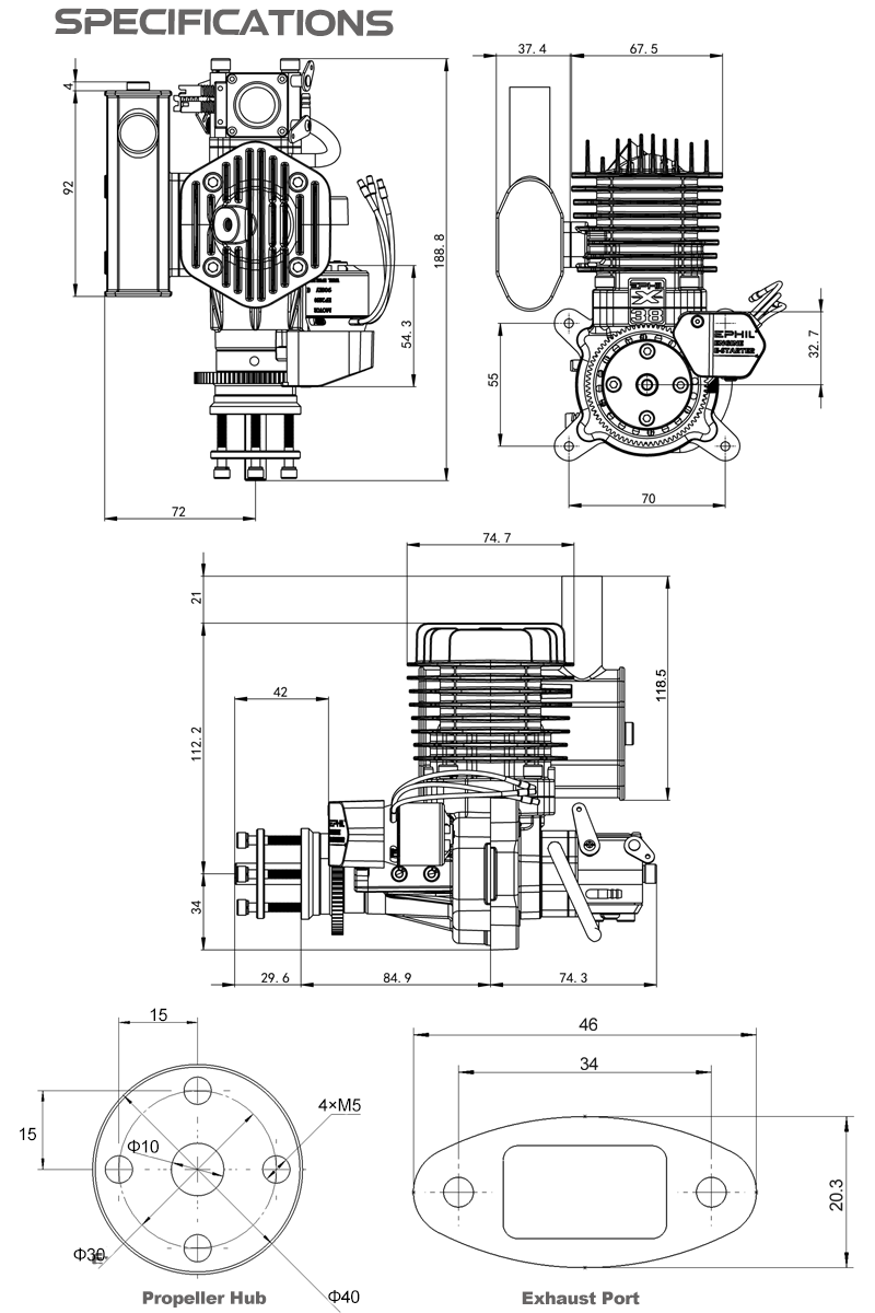 EPHIL X-Series 38cc-S Pro Gasoline Engine w/ E-Starter; Spark Plug & Electronic Ignition