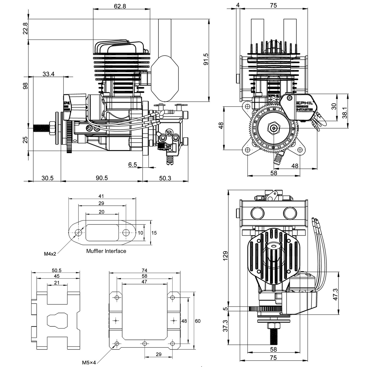 EPHIL X-Series 20cc-R Pro Gasoline Engine w/ E-Starter; Spark Plug & Electronic Ignition