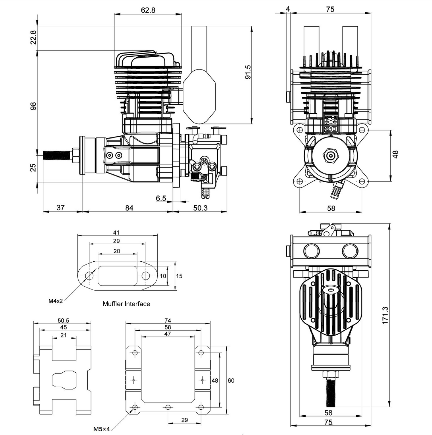 EPHIL X-Series 20cc-R Gasoline Engine w/ Spark Plug & Electronic Ignition