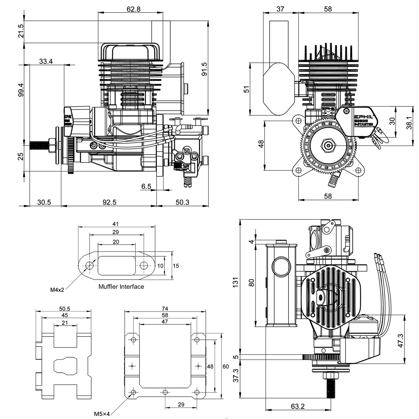 EPHIL X-Series 20cc-S Pro Gasoline Engine w/ E-Starter; Spark Plug & Electronic Ignition