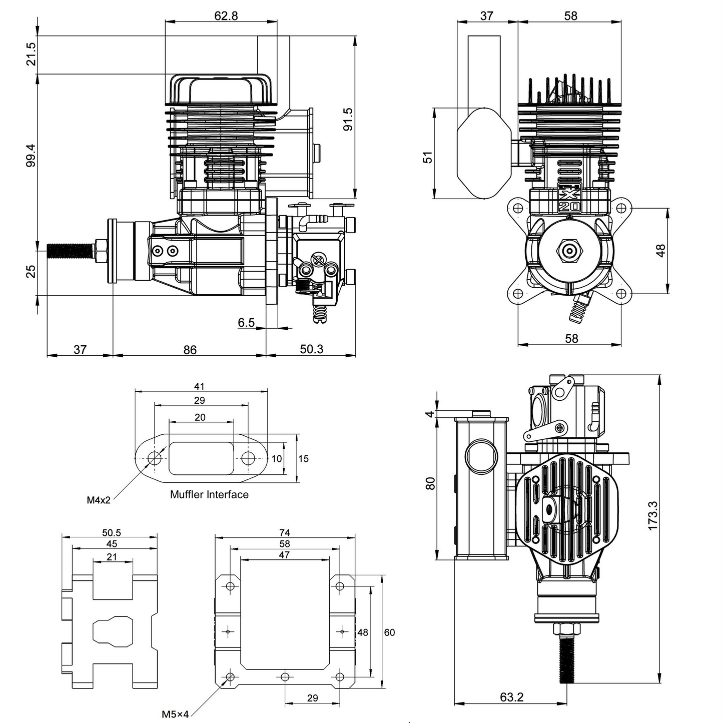 EPHIL X-Series 20cc-S Gasoline Engine w/ Spark Plug & Electronic Ignition