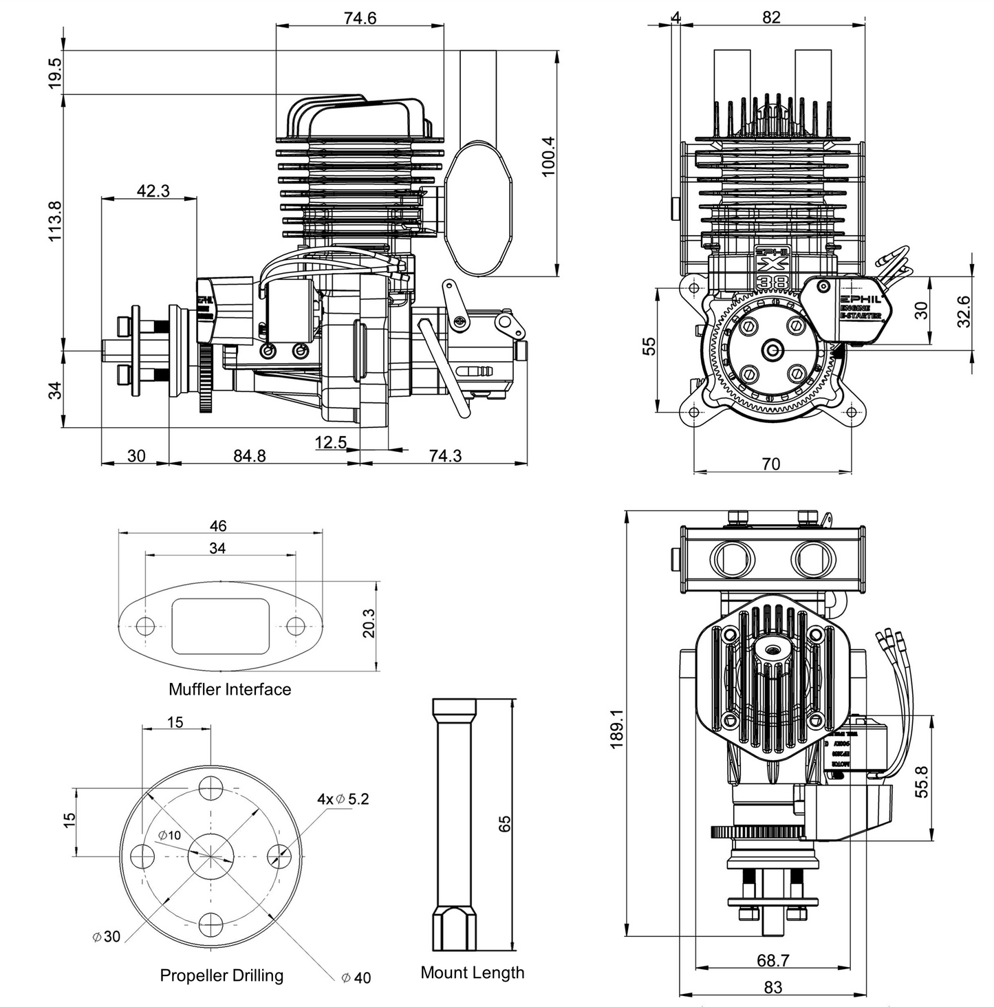 EPHIL X-Series 38cc-R Pro Gasoline Engine w/ E-Starter; Spark Plug & Electronic Ignition