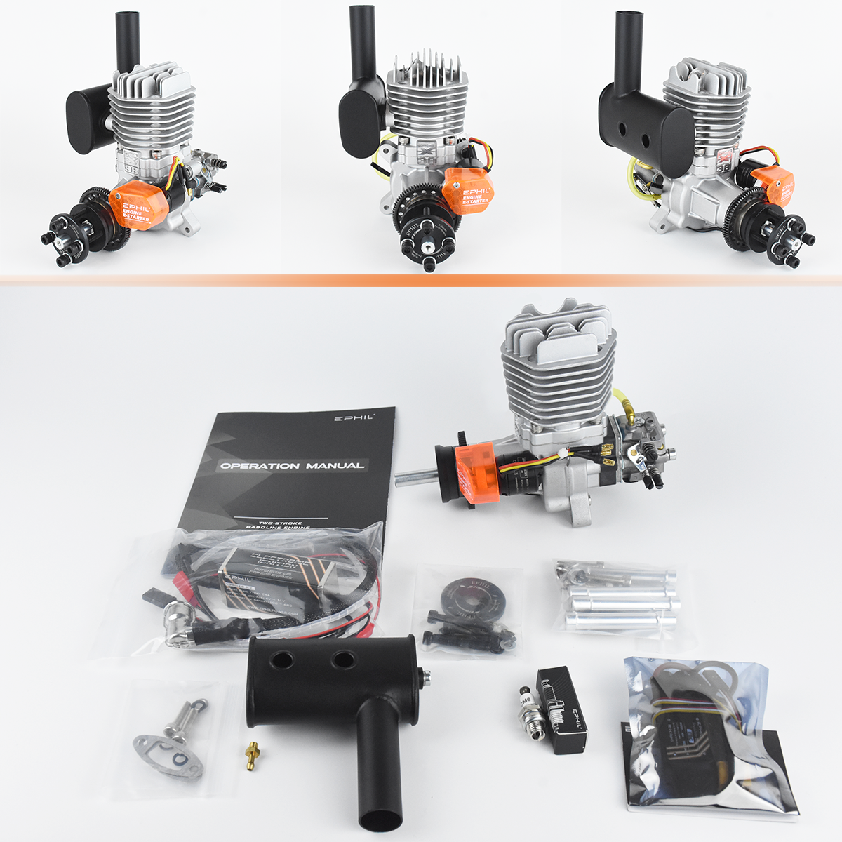 EPHIL X-Series 38cc-S Pro Gasoline Engine w/ E-Starter; Spark Plug & Electronic Ignition