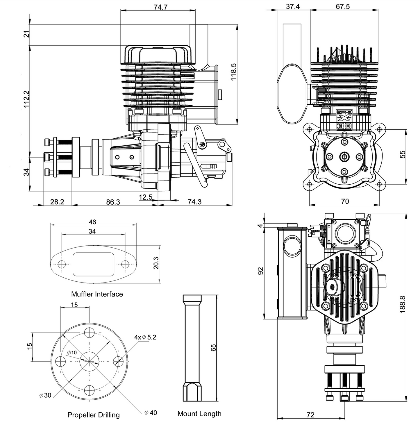 EPHIL X-Series 38cc-S Gasoline Engine w/ Spark Plug & Electronic Ignition