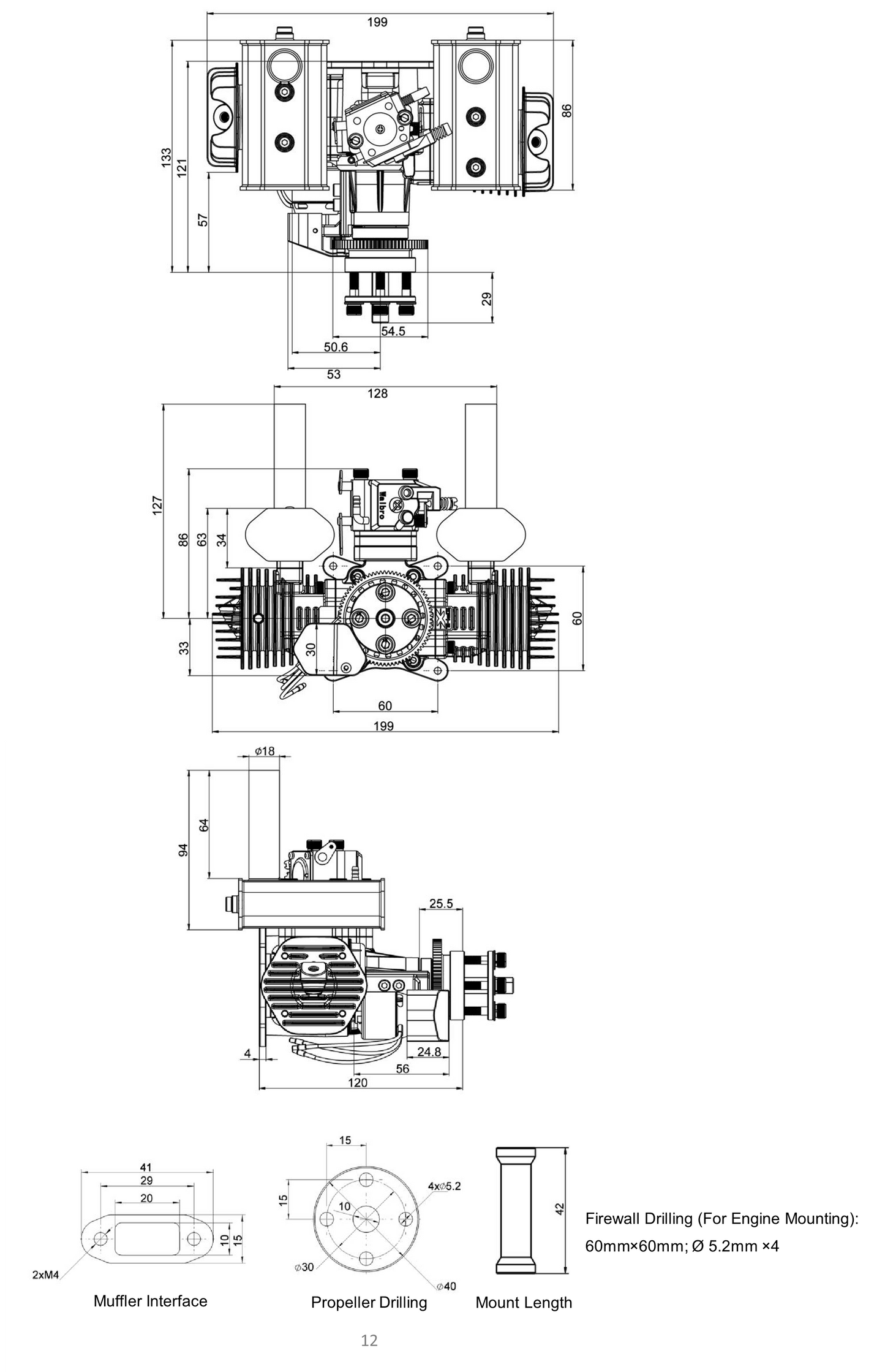 EPHIL X-Series 40cc-T Pro Gasoline Engine w/ E-Starter; Spark Plugs & Electronic Ignition