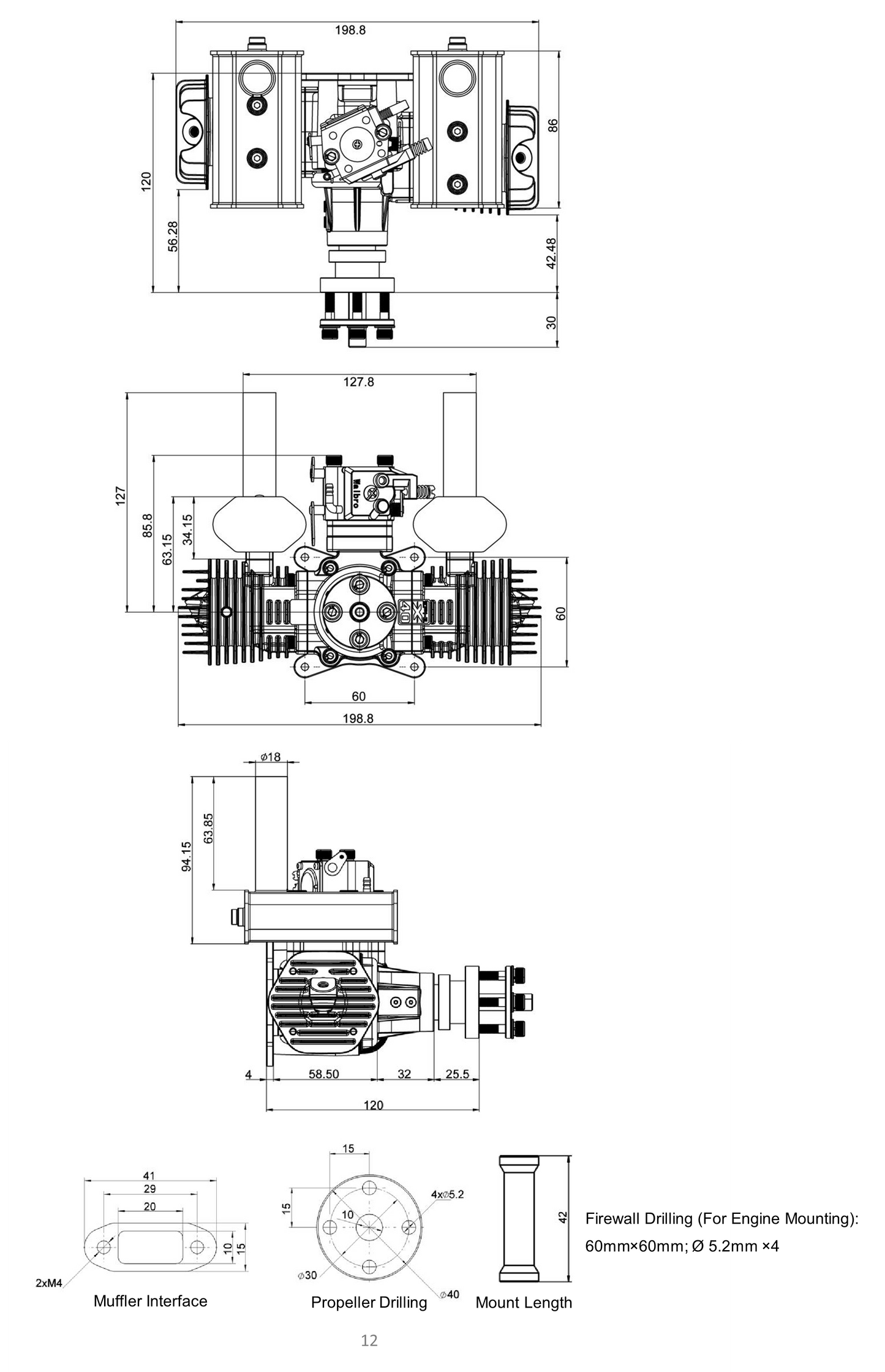 EPHIL X-Series 40cc-T Gasoline Engine w/ Spark Plugs & Electronic Ignition